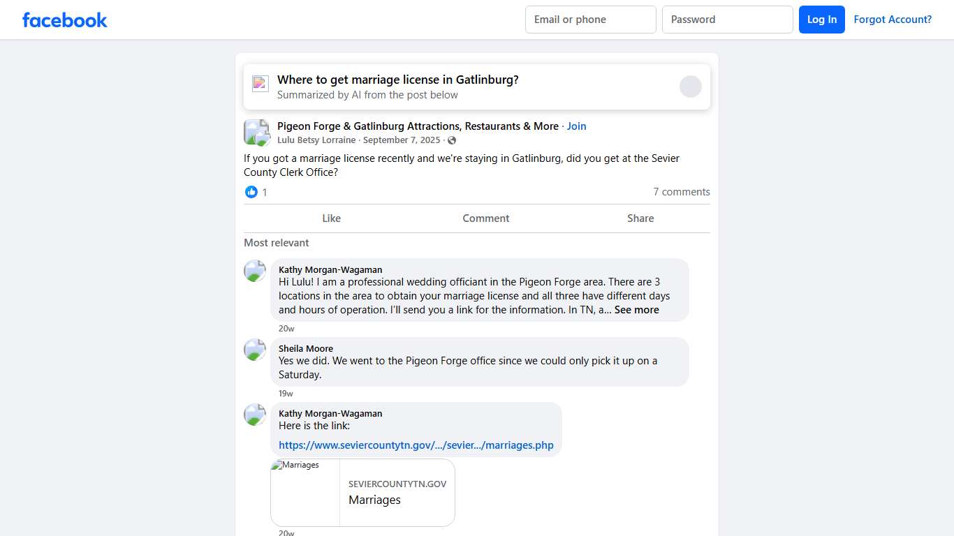 Pigeon Forge & Gatlinburg Attractions, Restaurants & More If you got a marriage license recently and we're staying in Gatlinburg, did you get at the Sevier County Clerk Office Facebook